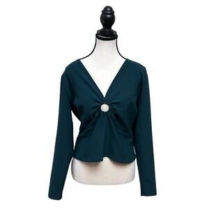Abercrombie & Fitch Womens Top XL Long Sleeve‎ Green Ring Detail V Neck Keyhole